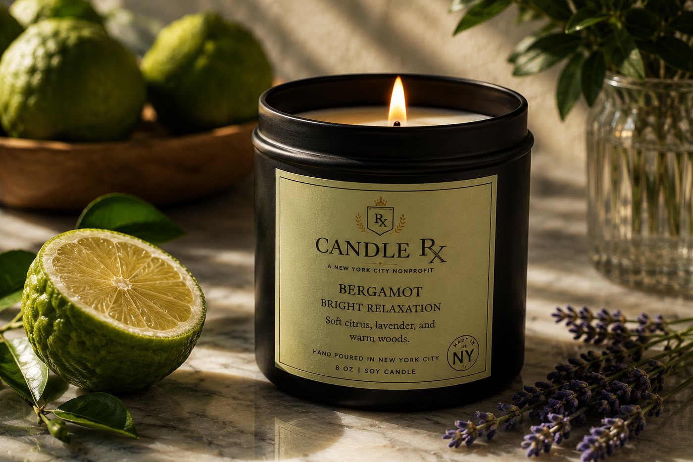 Bergamot Bright Relaxation Candle RX black tin candle
