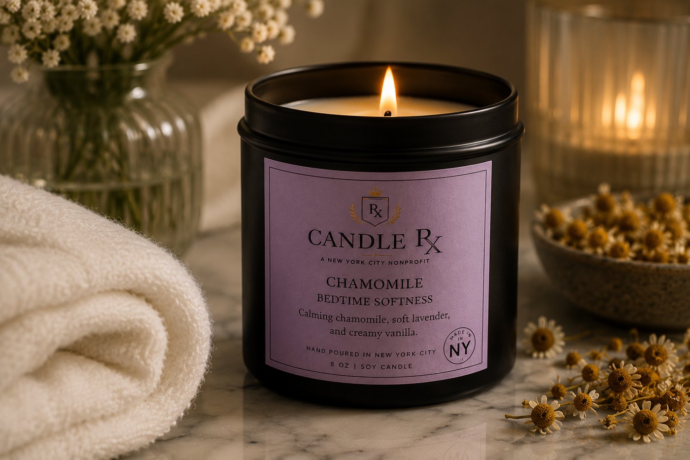 Chamomile Bedtime Softness Candle RX black tin candle