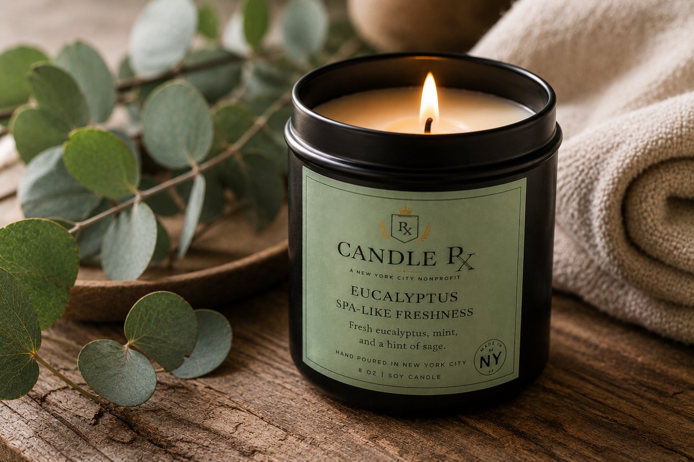 Eucalyptus Spa-Like Freshness Candle RX black tin candle