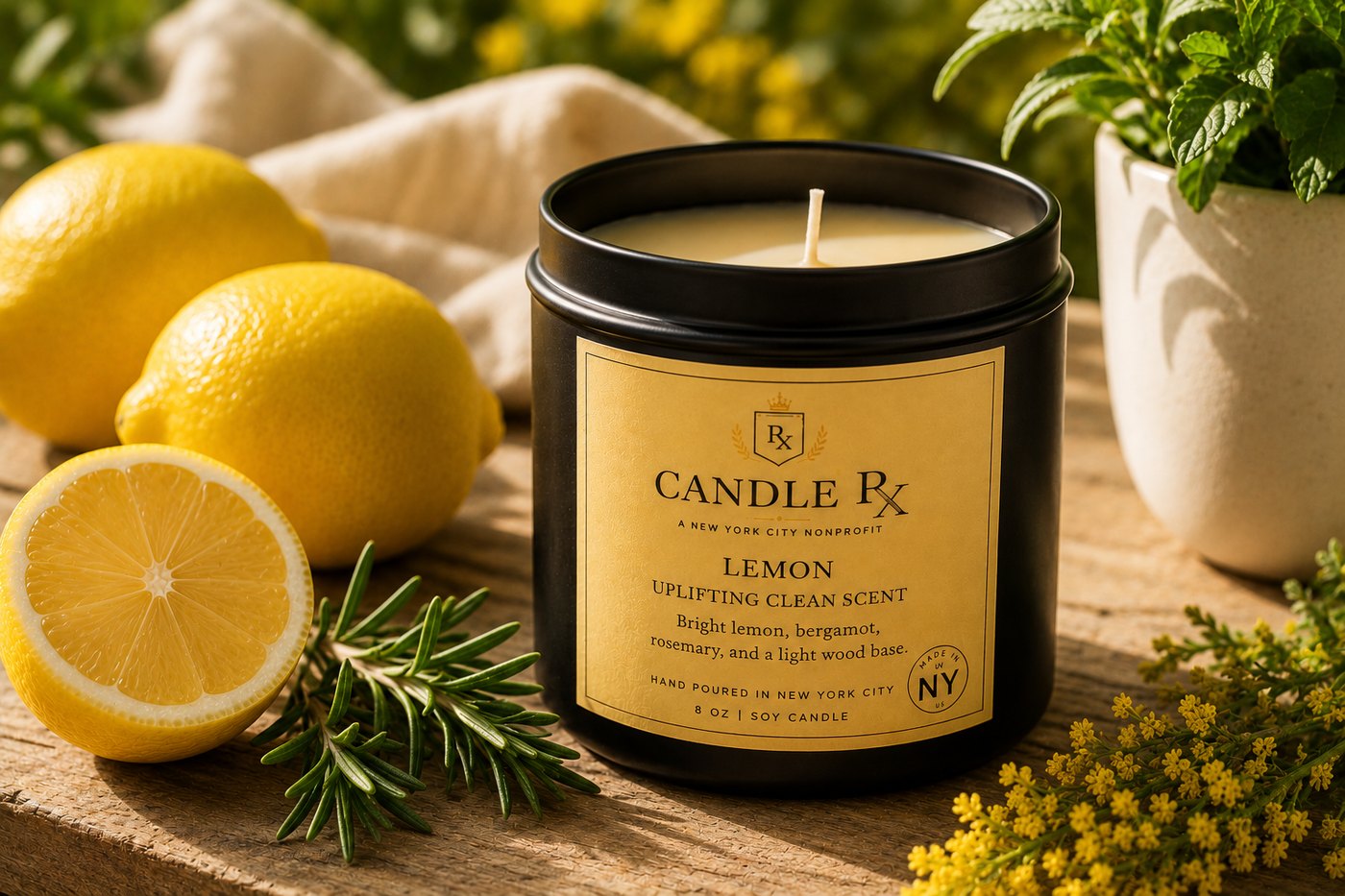 Lemon Uplifting Clean Scent Candle RX black tin candle