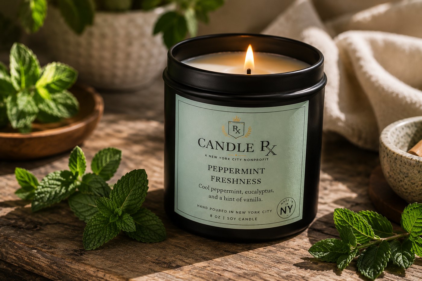 Peppermint Freshness Candle RX black tin candle