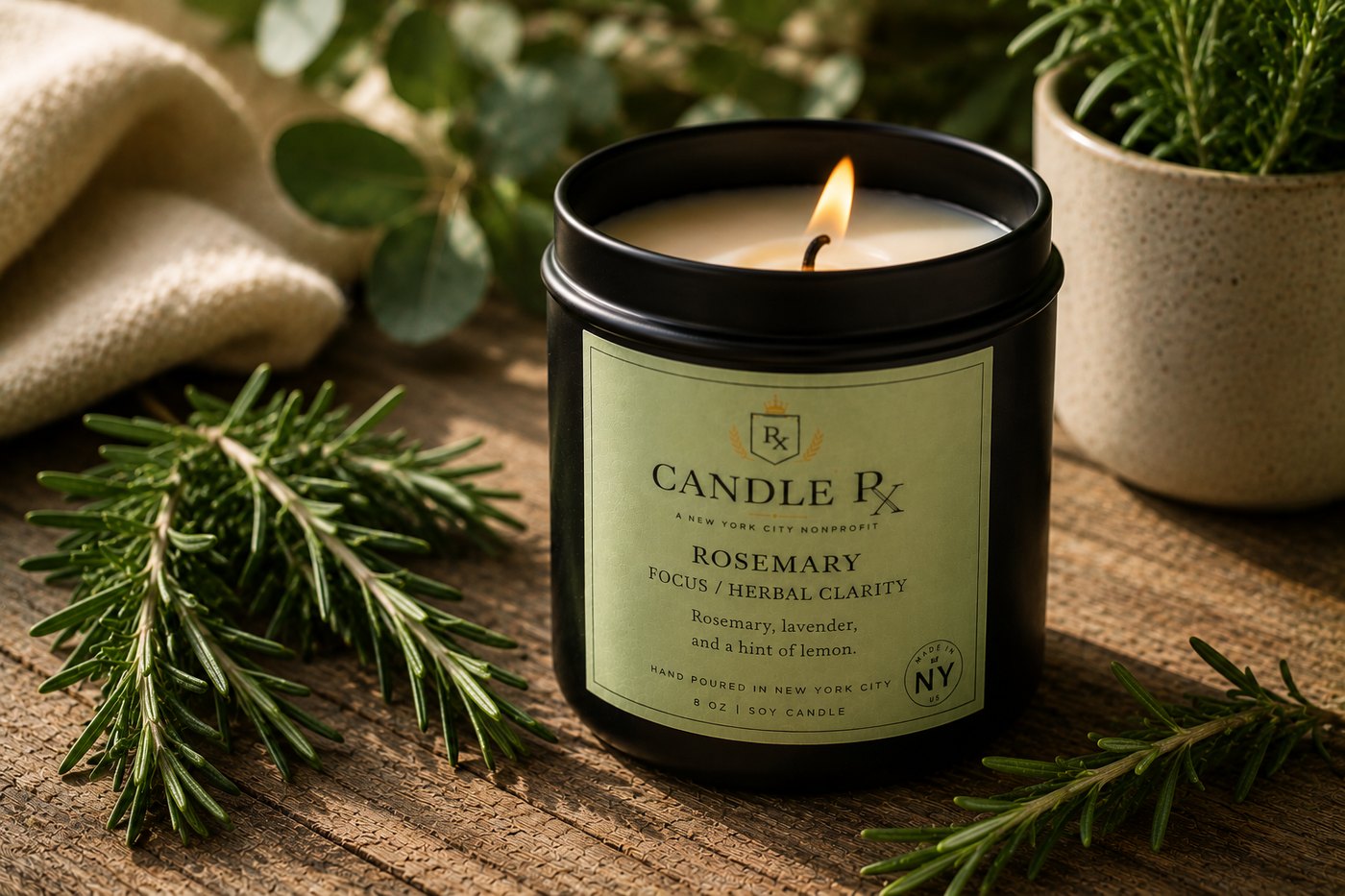 Rosemary Focus / Herbal Clarity Candle RX black tin candle